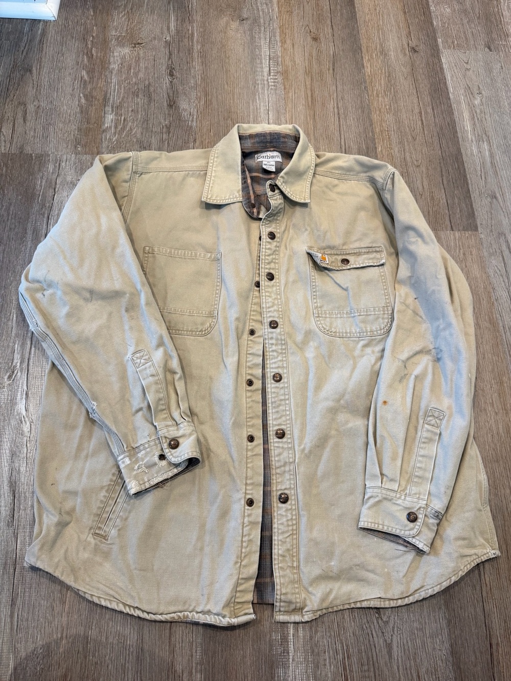 Carhartt Vintage Canvas Plaid Lined Shirt Jacket Distressed Tan XL